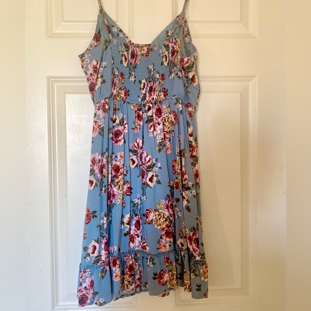Blue Floral Midi Wrap Dress with Spaghetti Straps